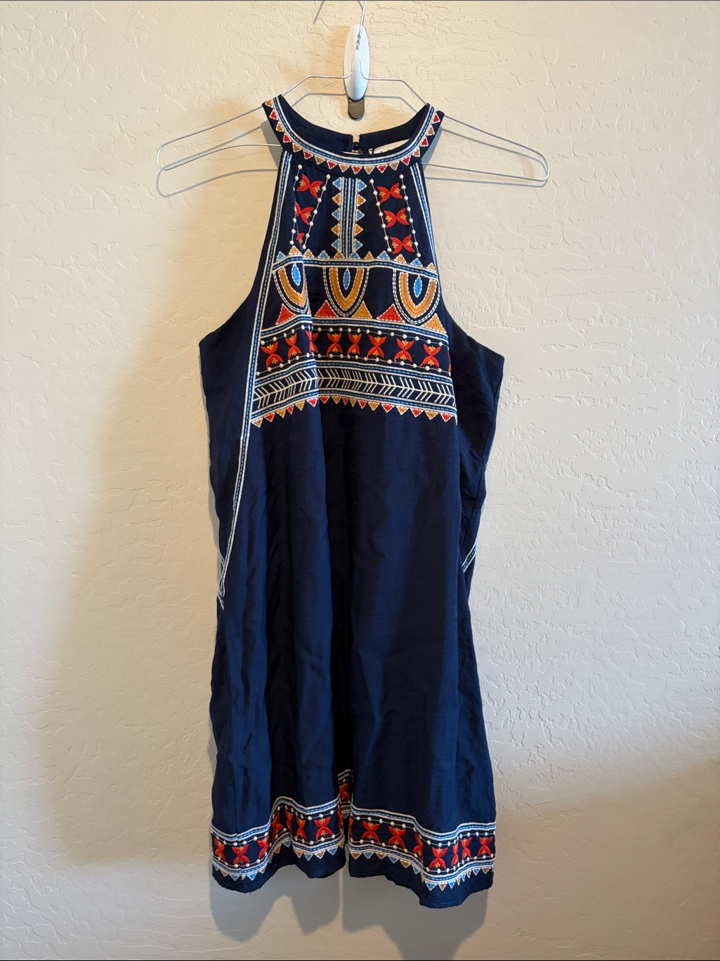 Thml Navy Embroidered Halter Mini Dress With Red & Gold Accents